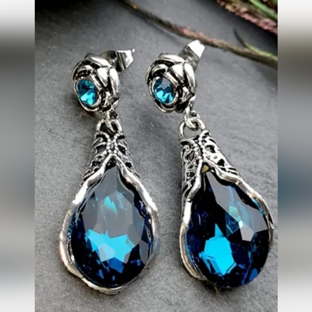 STERLING TURQUOISE BLUE TOPAZ ROSE DROP EARRINGS ONE AND A HALF INCH